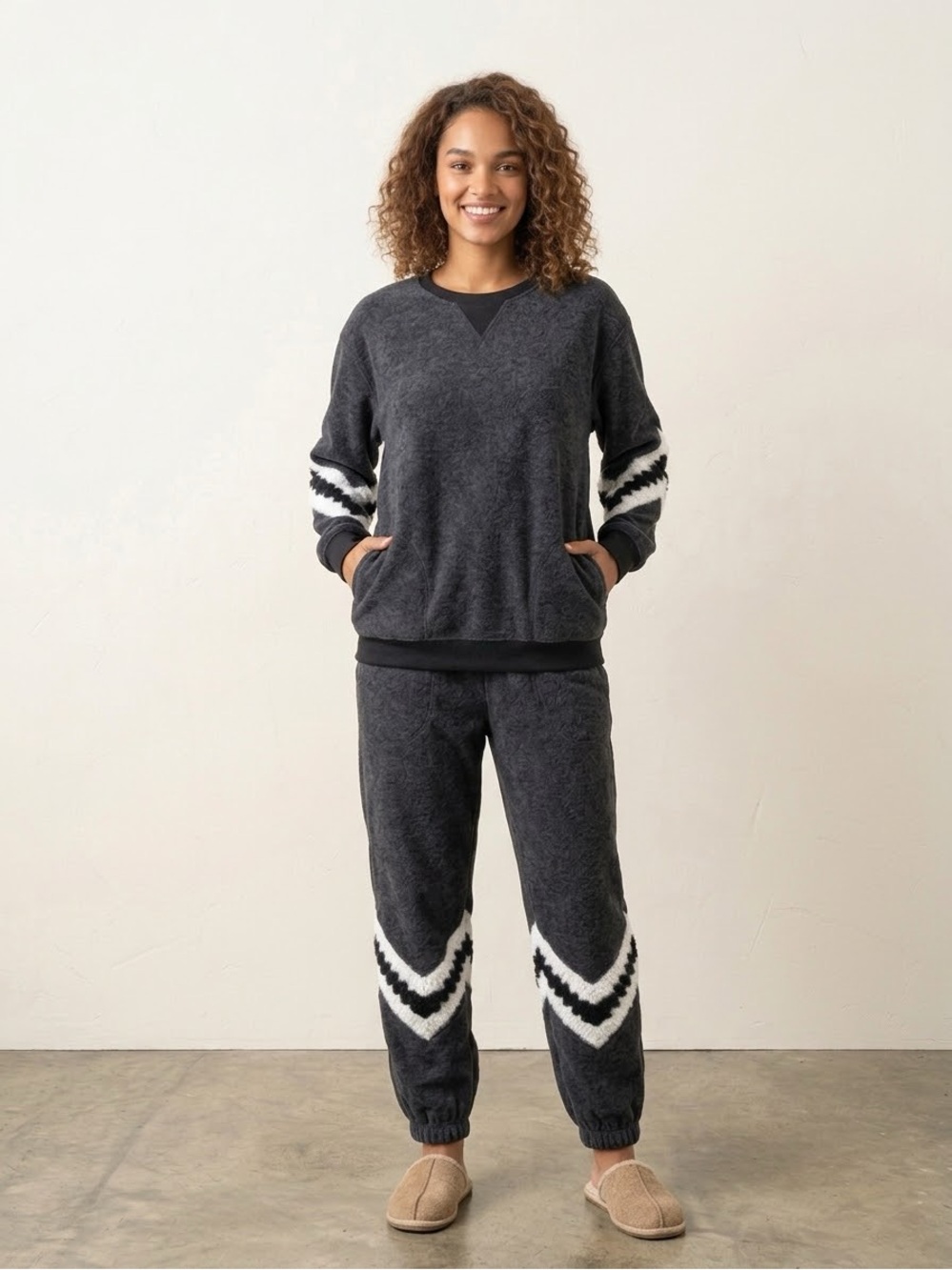 Natural Life Lyvie Trim Charcoal Sweatshirt Jogger 2 Piece Set Medium